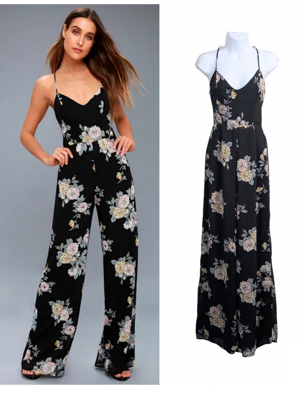 Lulus Shea Black Floral Print Jumpsuit Size S Chiffon Wide Leg Open Back Resort
